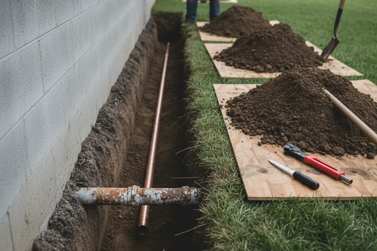 Excavated water line trench during Water Softener Installation in Oak Island